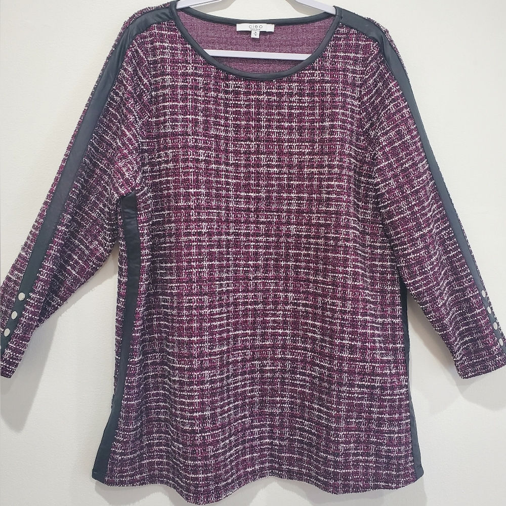 CLEO Tunic Plaid Knit Top ,pleather trim, Red/Blk/Silver Sz XL